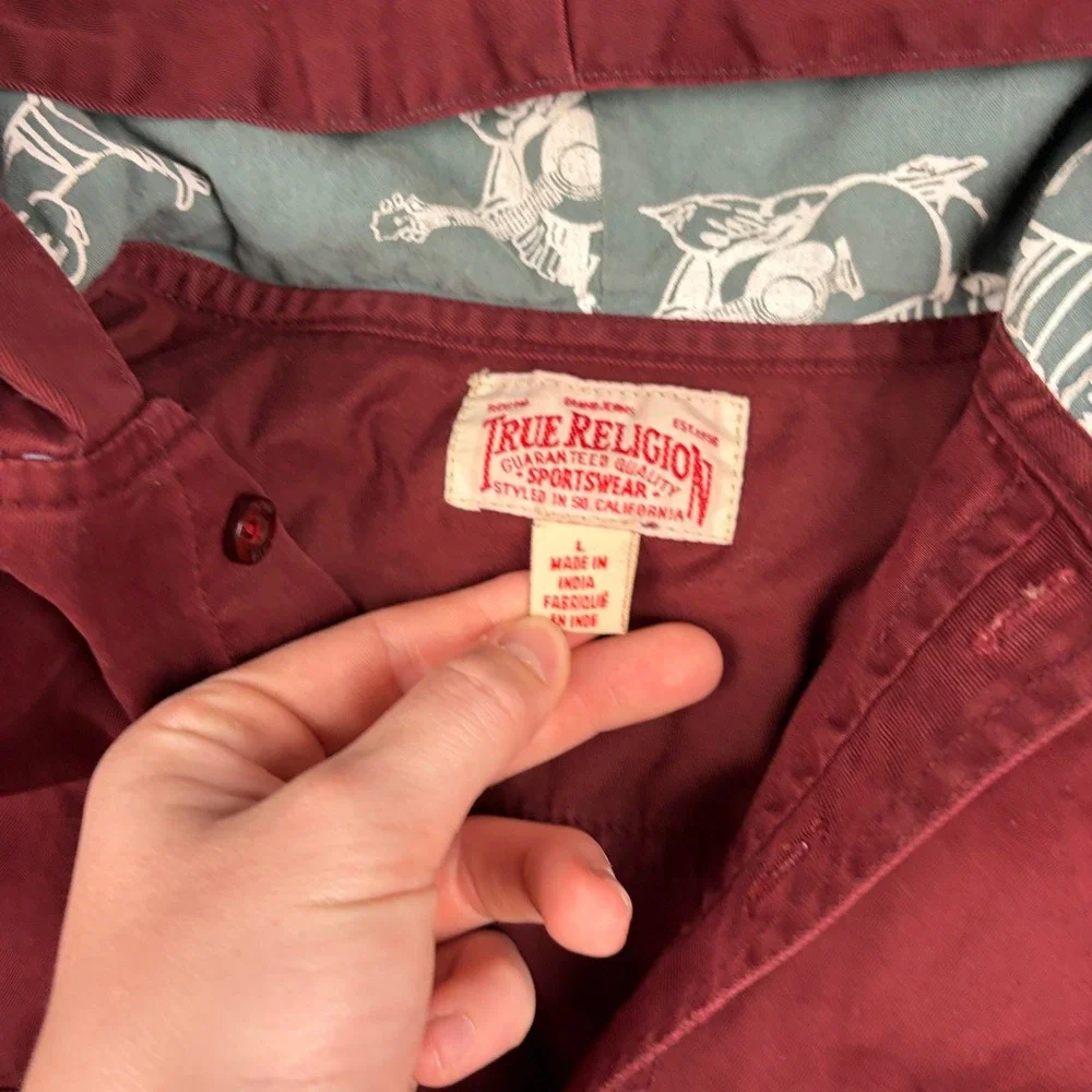 Y2K True Religion Hooded Western Shirt Mens Large Maroon Skater Grunge Surf 00s